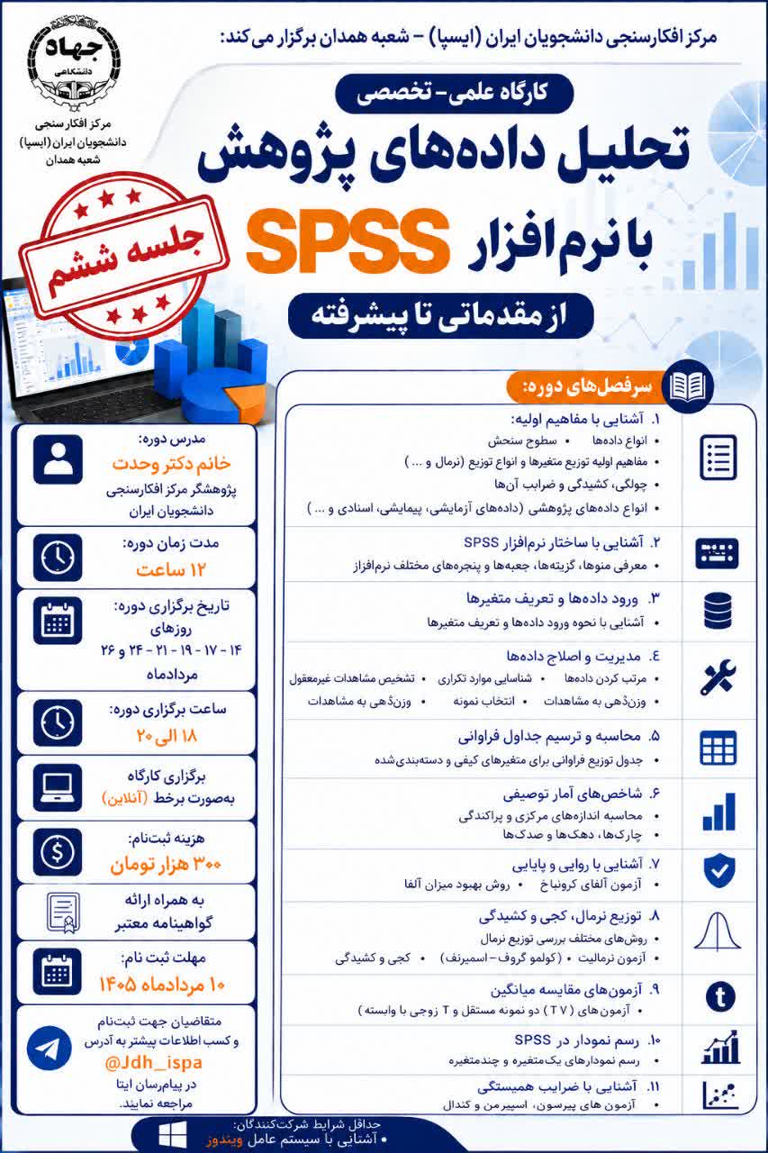  برگزاری ششمین جلسه کارگاه «تحلیل داده‌های پژوهش با نرم‌افزار SPSS از مقدماتی تا پیشرفته»