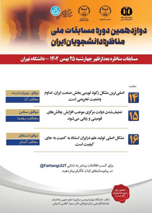 جدول زمانبندی مسابقات مناظره دانشجویان ایران :  بعدظهر چهارشنبه ۲۵ بهمن ماه ۱۴۰۲