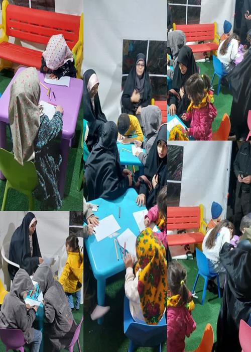 غرفه کودک و نوجوان همراه با بازی و آموزش در موکب و کمپین فرهنگی منتظران منجی جهاددانشگاهی ستان سمنان _ شب چهل و پنجم(25 فروردین 1405)