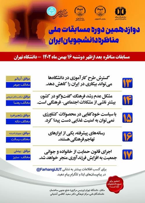 جدول زمانبندی مسابقات مناظره دانشجویان ایران( بعدظهر دوشنبه ۱۶ بهمن ماه ۱۴۰۲)